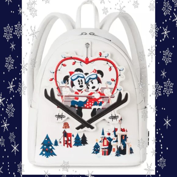 Mickey & Minnie Mouse Holiday Mini Backpack White Disney Loungefly & Keychain - Picture 7 of 12